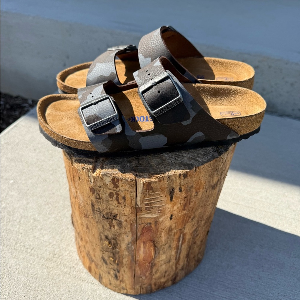Birkenstock Arizona Sandal - Brown/Black cameo, size 40, narrow, soft footbed